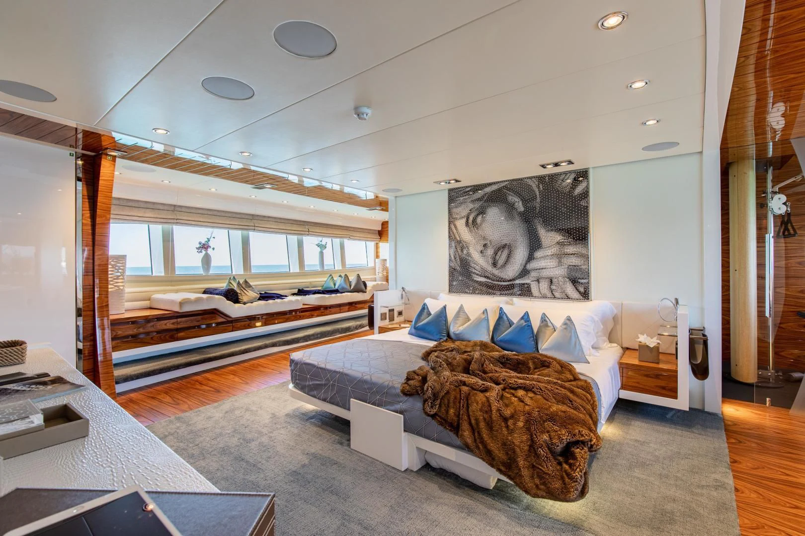 a bedroom with a large bed aboard HATT MILL Yacht for Sale