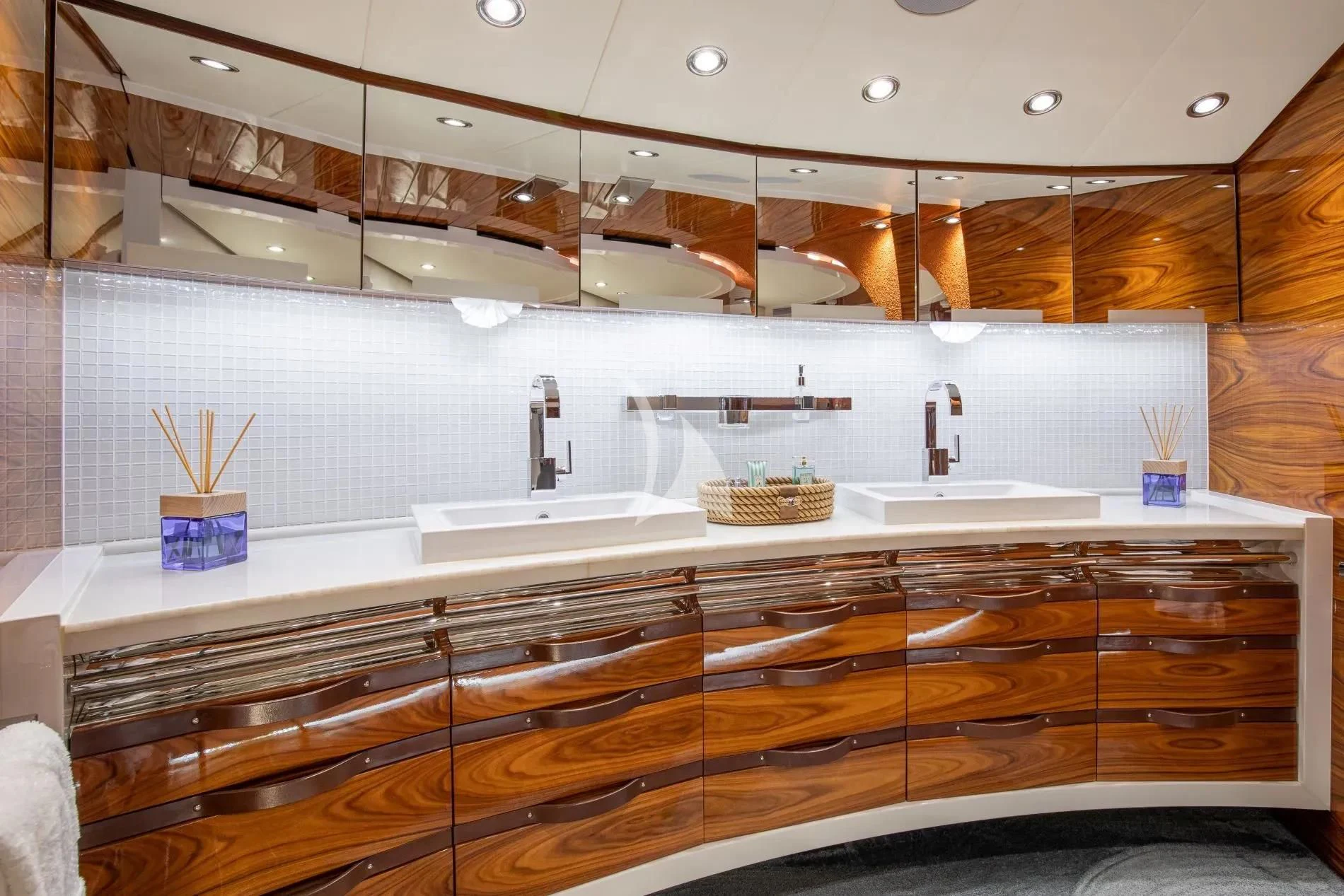 a kitchen with a large countertop aboard HATT MILL Yacht for Sale