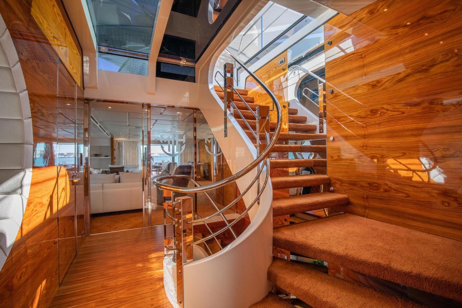 a wooden staircase in a house aboard HATT MILL Yacht for Sale