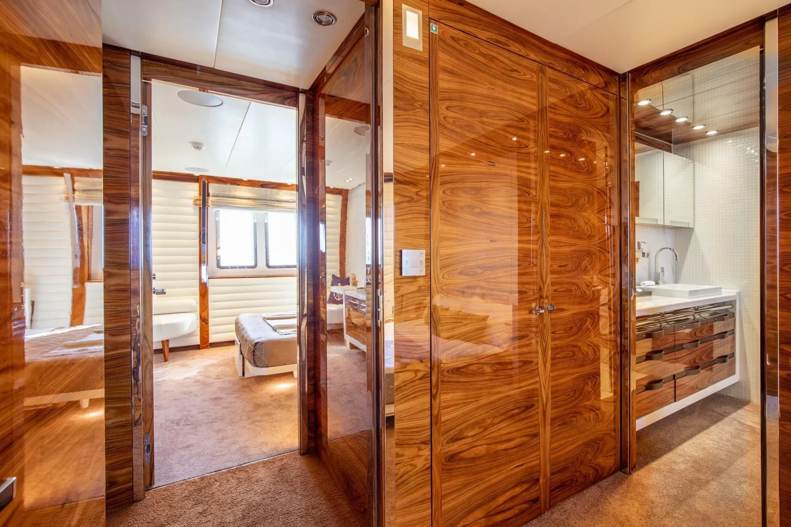 a room with a wood cabinet aboard HATT MILL Yacht for Sale