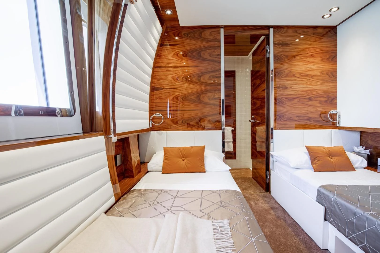 a room with two beds aboard HATT MILL Yacht for Sale