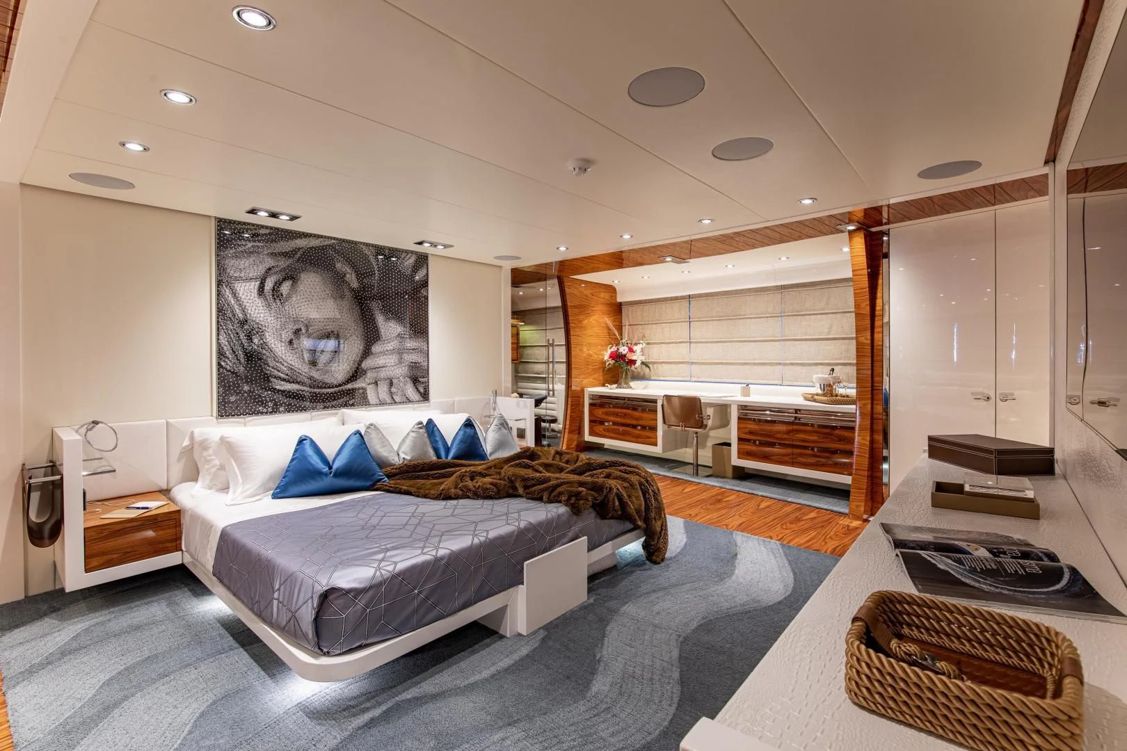 a bedroom with a large bed aboard HATT MILL Yacht for Sale