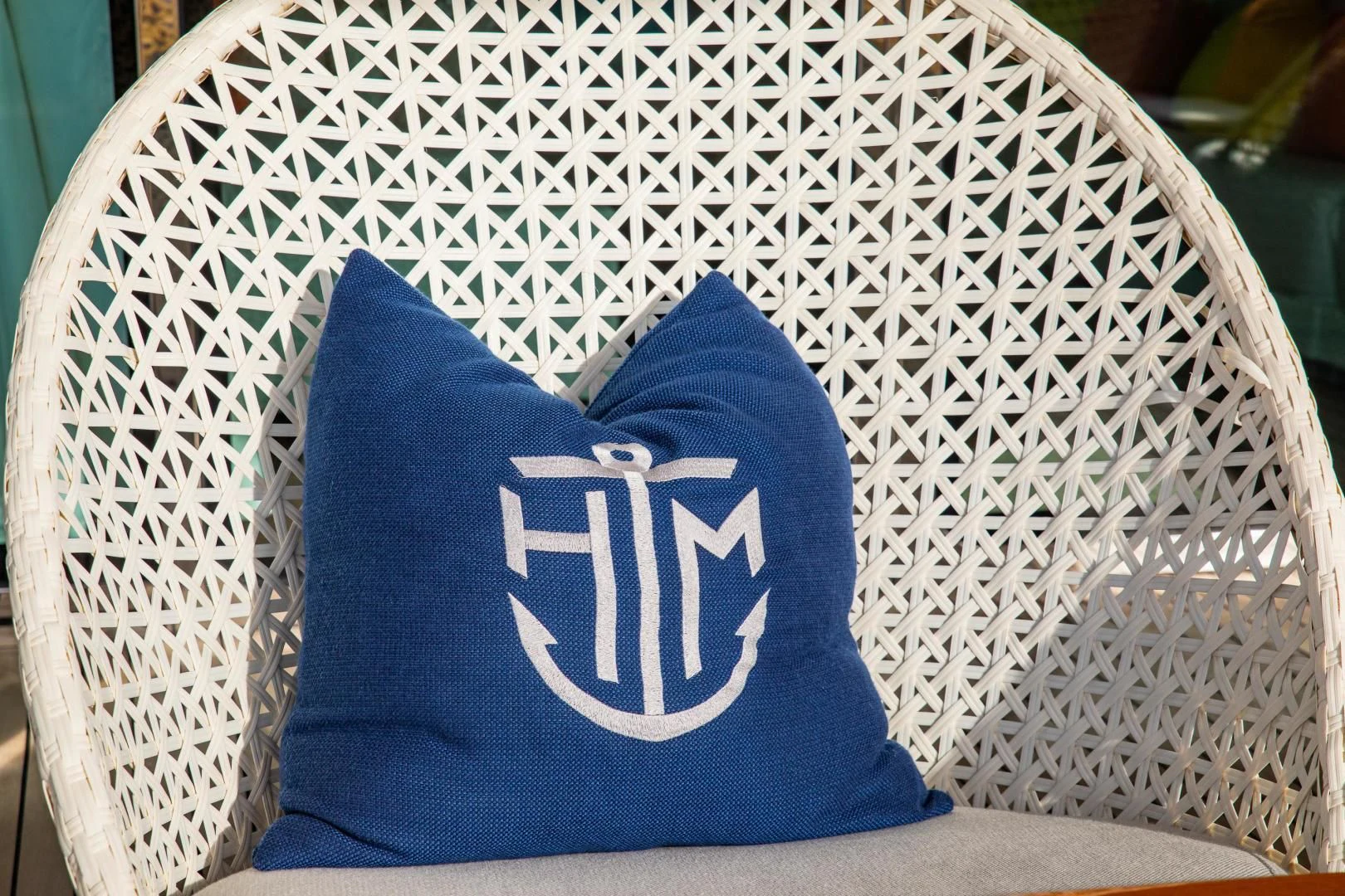 a blue pillow on a cage aboard HATT MILL Yacht for Sale