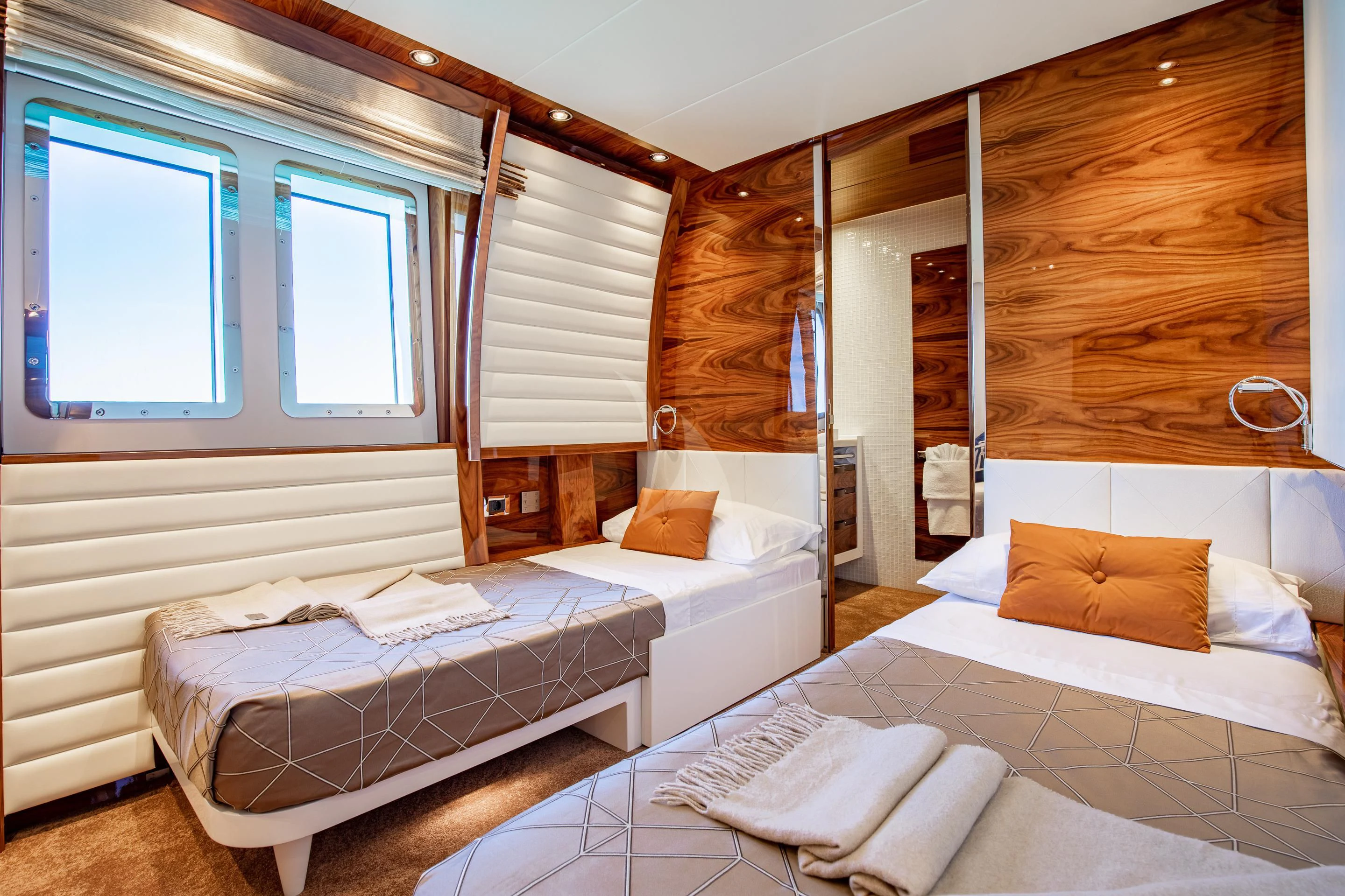 a room with two beds aboard HATT MILL Yacht for Sale