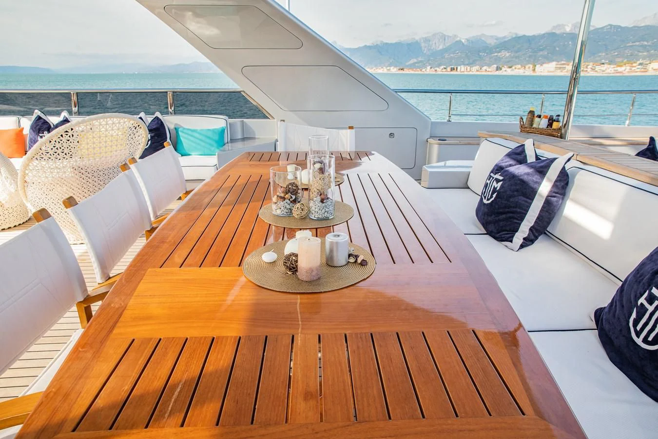 a table with candles on it aboard HATT MILL Yacht for Sale