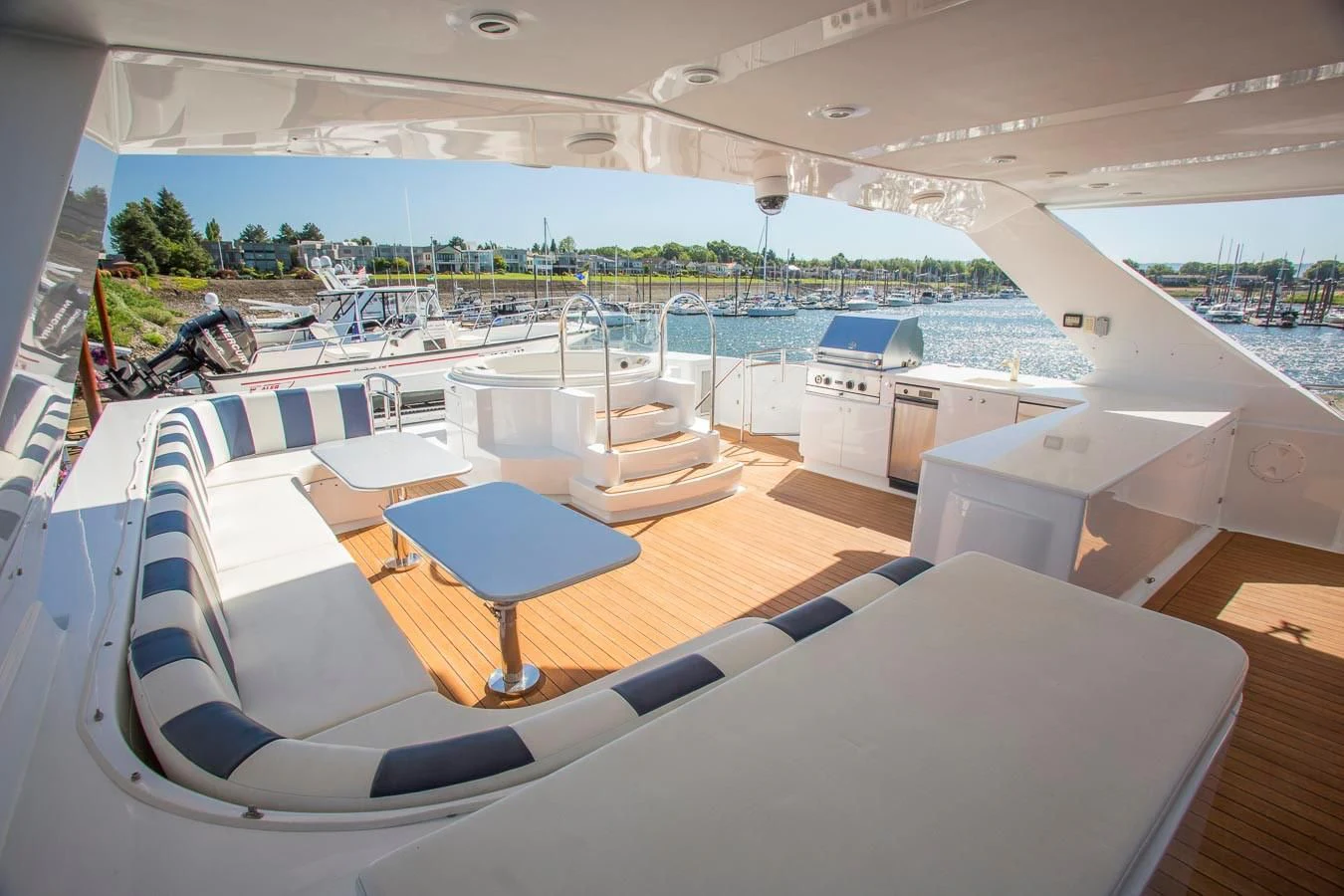 a room with a view of the ocean and a beach aboard SILVER WINGS Yacht for Sale