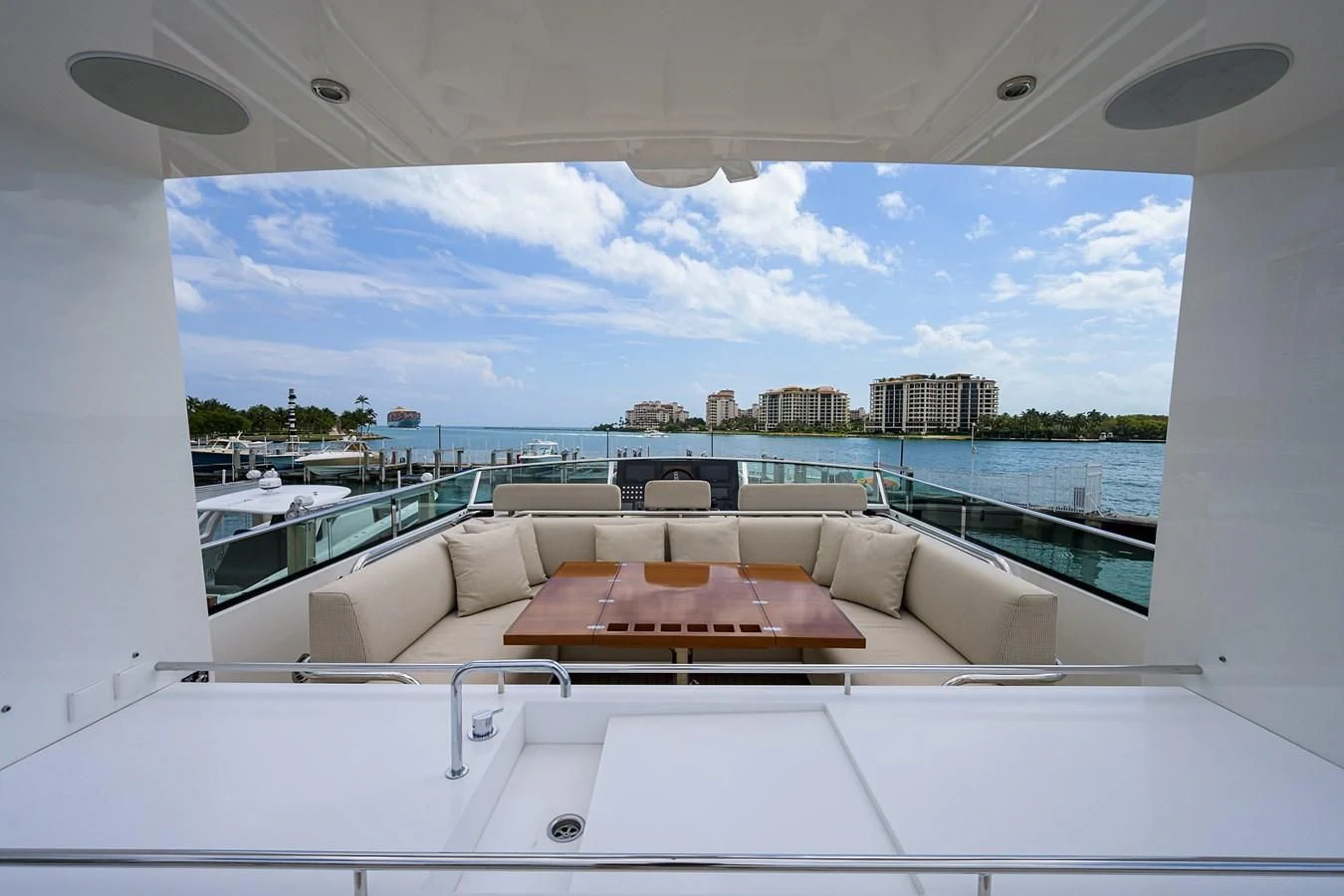 a large white sofa on a boat aboard SOCIAL DISTANCING Yacht for Sale