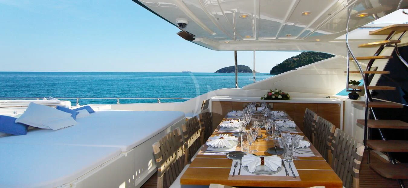 a room with a view of the ocean and the beach aboard VELA Yacht for Sale