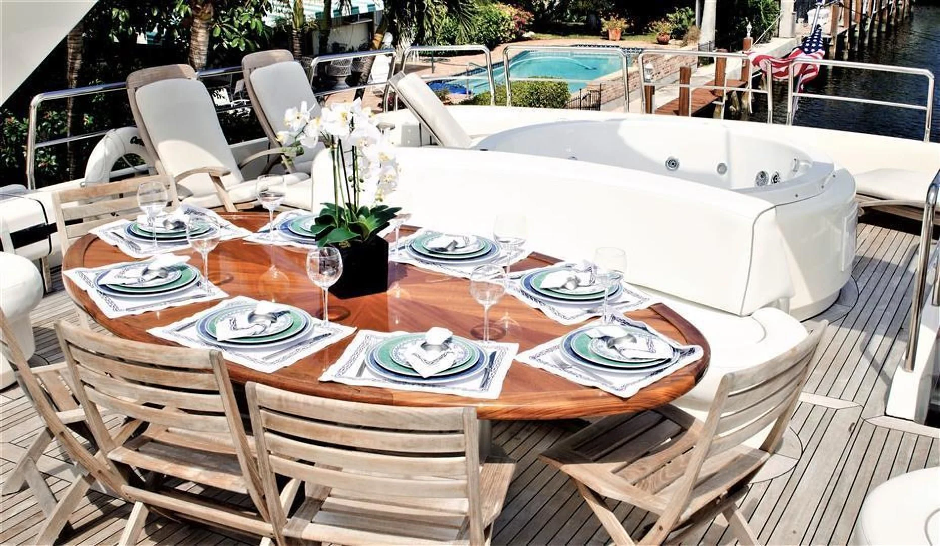a table set with plates and glasses aboard CAROBELLE Yacht for Sale
