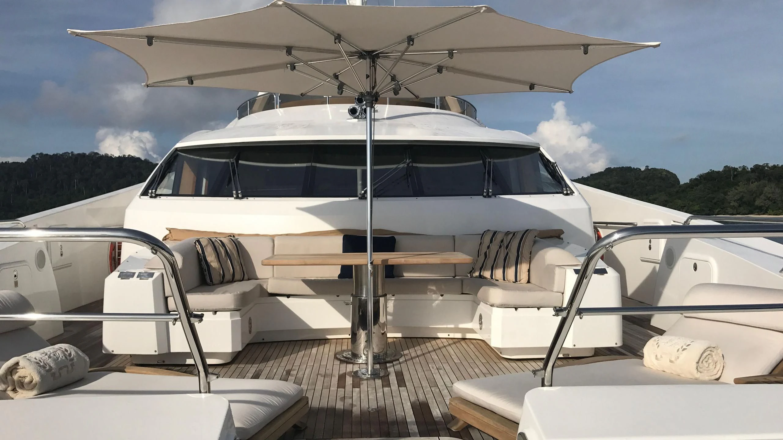 a white boat on a dock aboard ABOUT TIME Yacht for Sale
