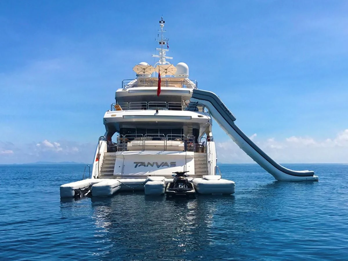 a boat with a large propeller aboard ABOUT TIME Yacht for Sale