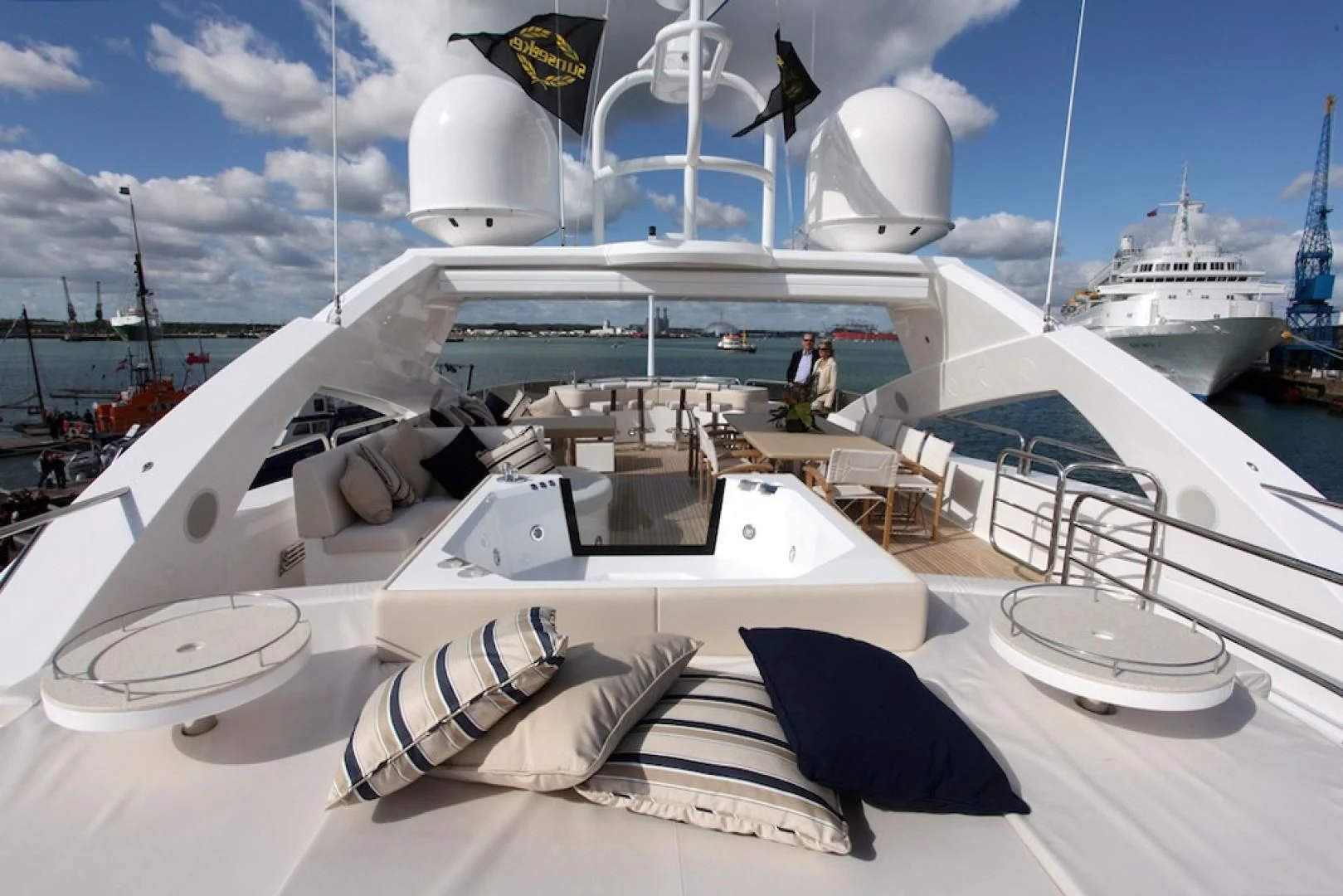a boat with a white roof aboard ABOUT TIME Yacht for Sale