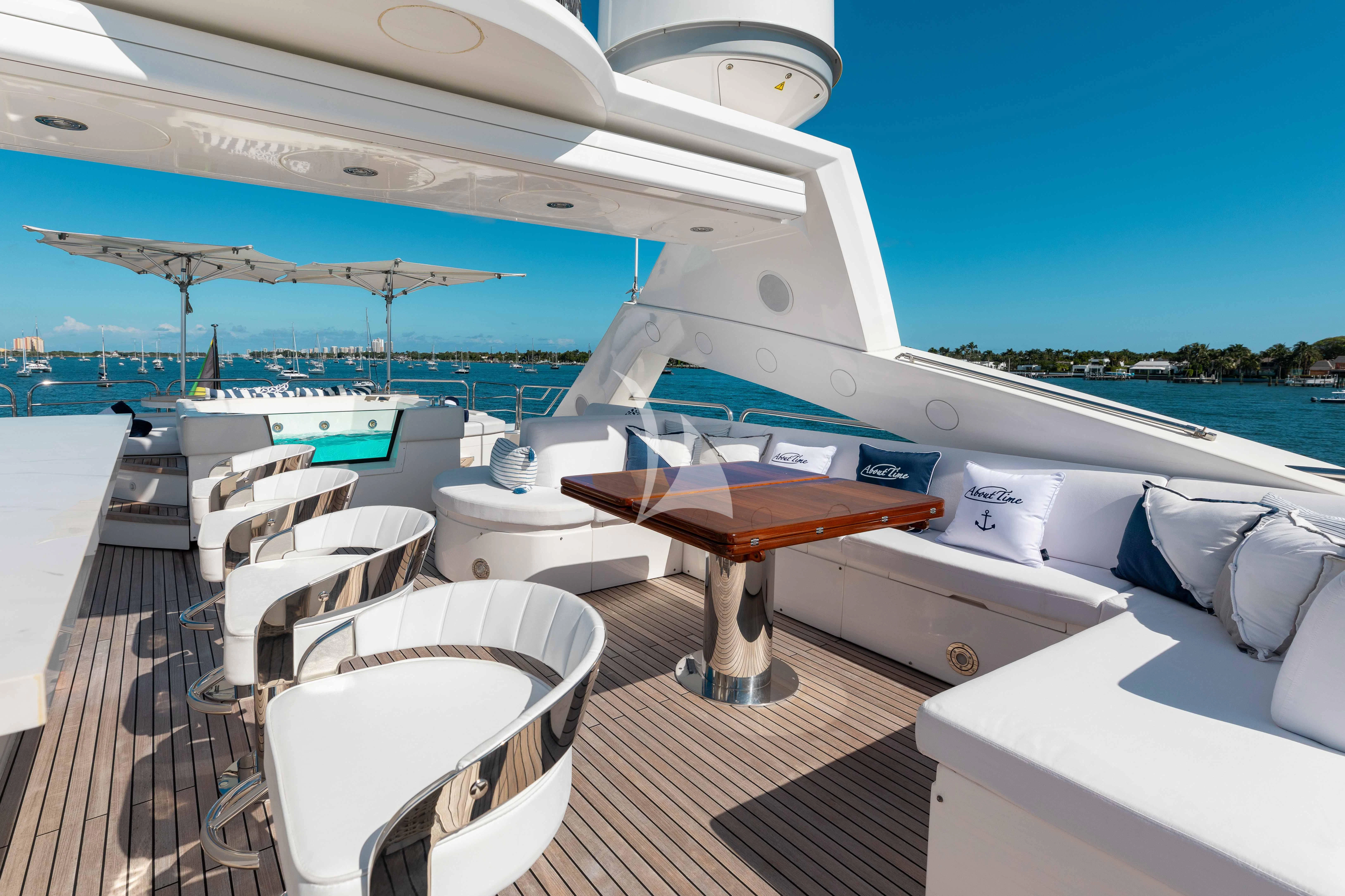 a row of white beds on a boat aboard ABOUT TIME Yacht for Sale