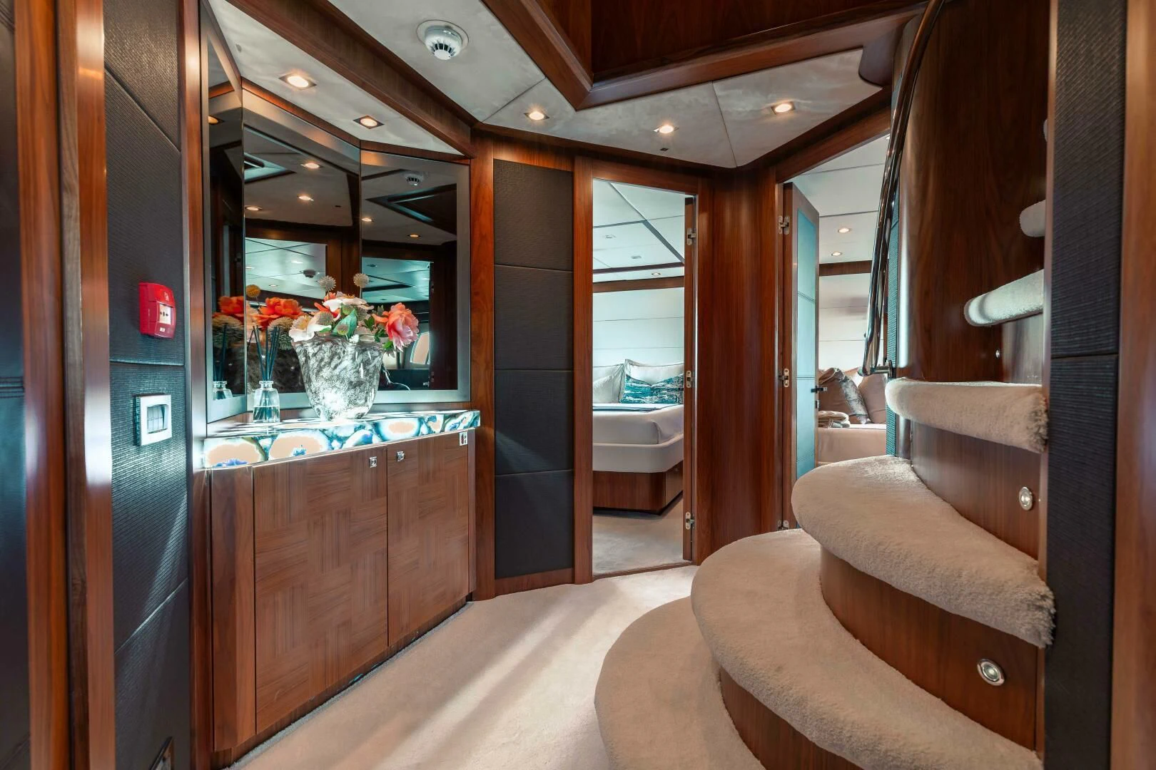 a bathroom with a large mirror aboard ABOUT TIME Yacht for Sale