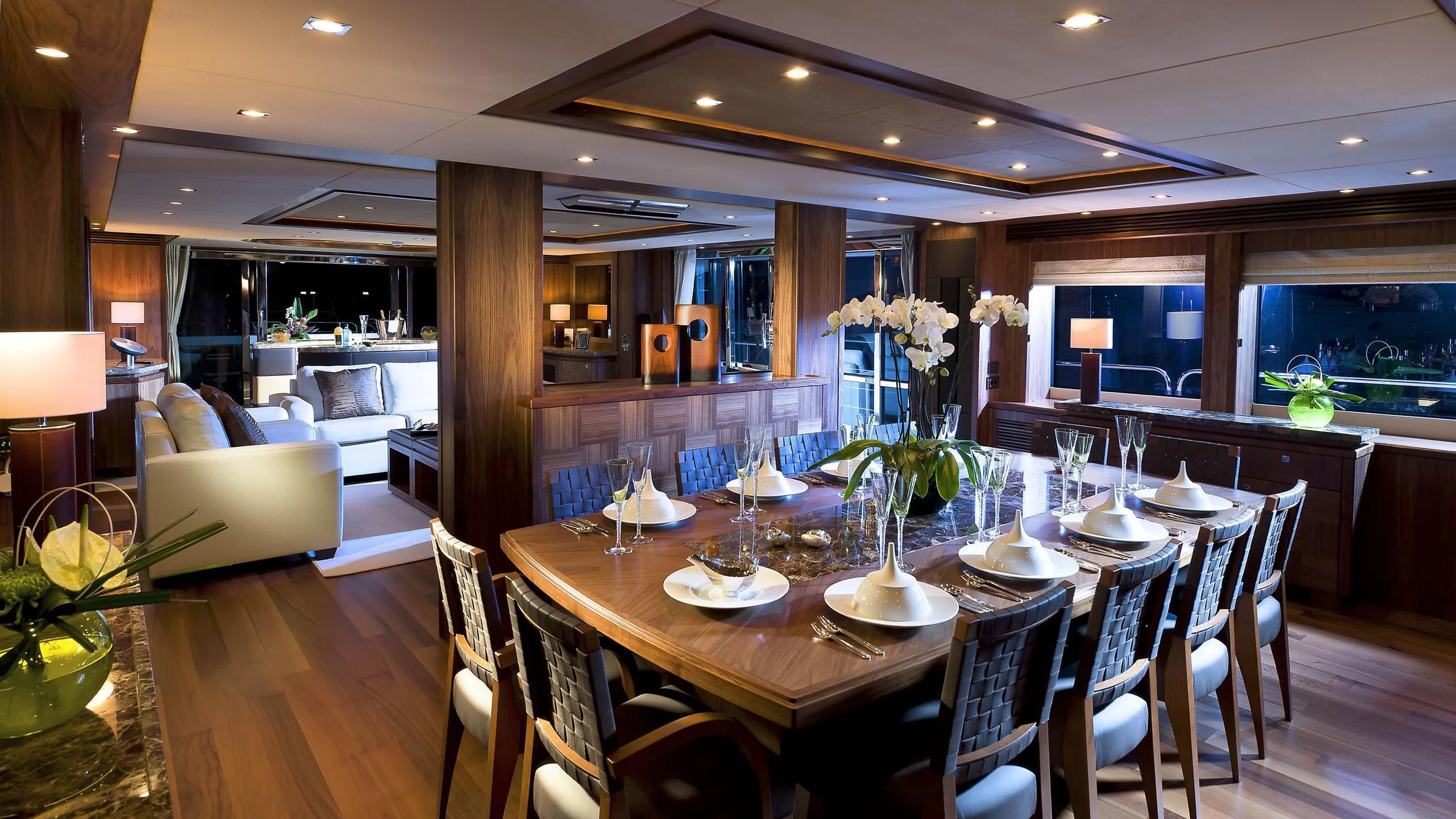a large dining room with tables and chairs aboard ABOUT TIME Yacht for Sale