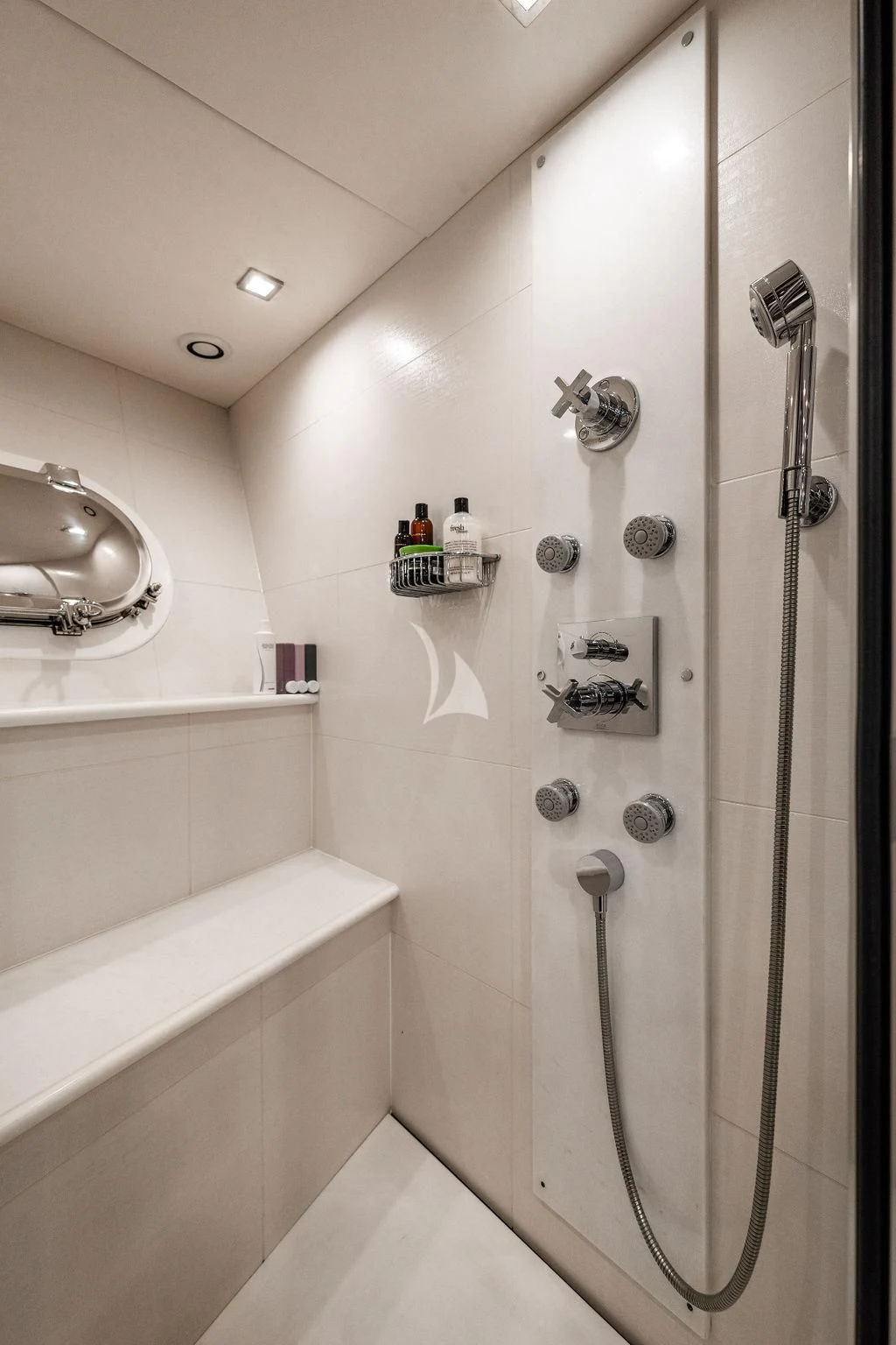 a shower with a glass door aboard ABOUT TIME Yacht for Sale
