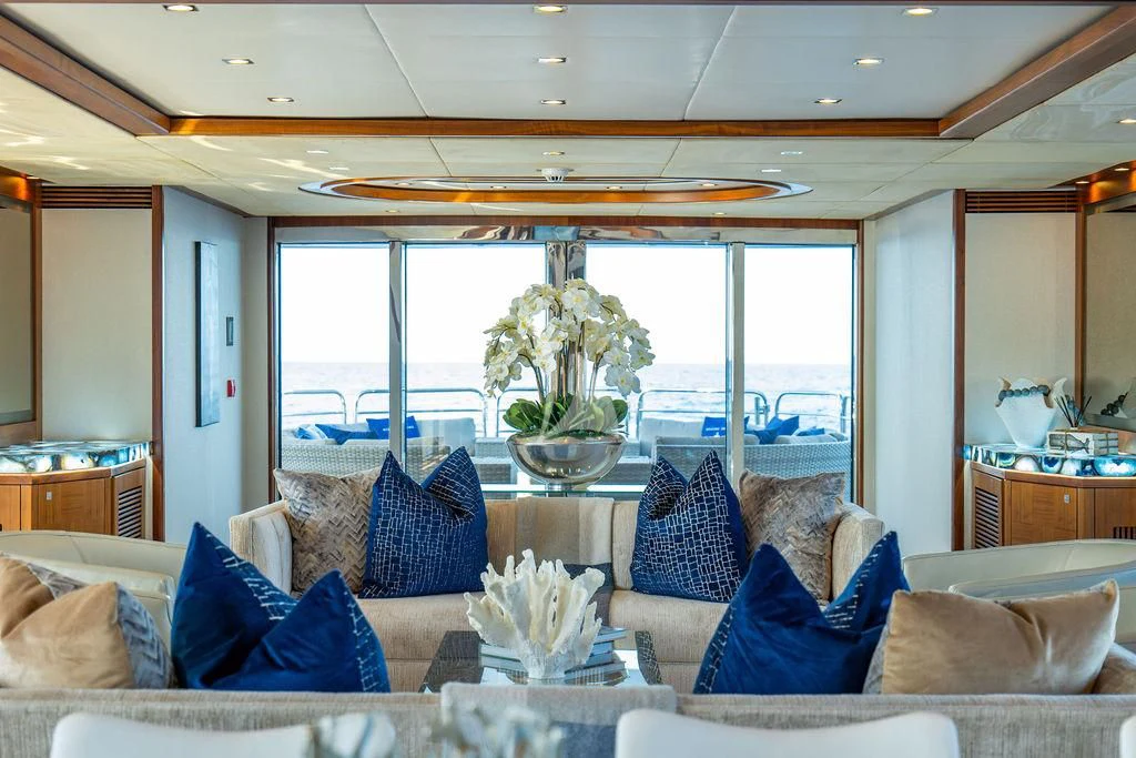 a living room with a large window aboard ABOUT TIME Yacht for Sale