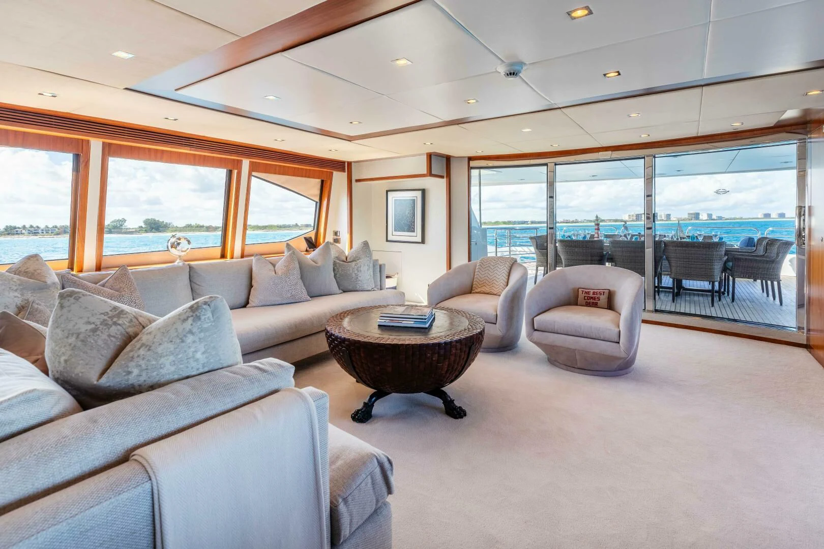 a living room with a large window aboard ABOUT TIME Yacht for Sale