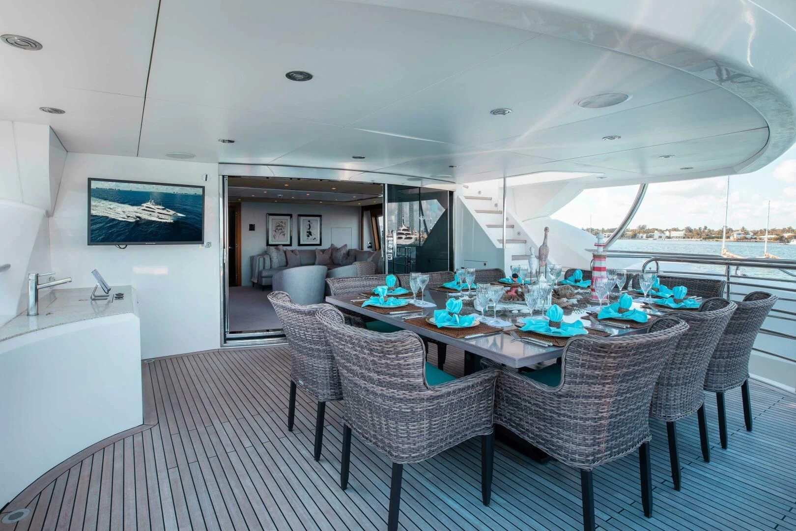 a dining room with a table and chairs aboard ABOUT TIME Yacht for Sale
