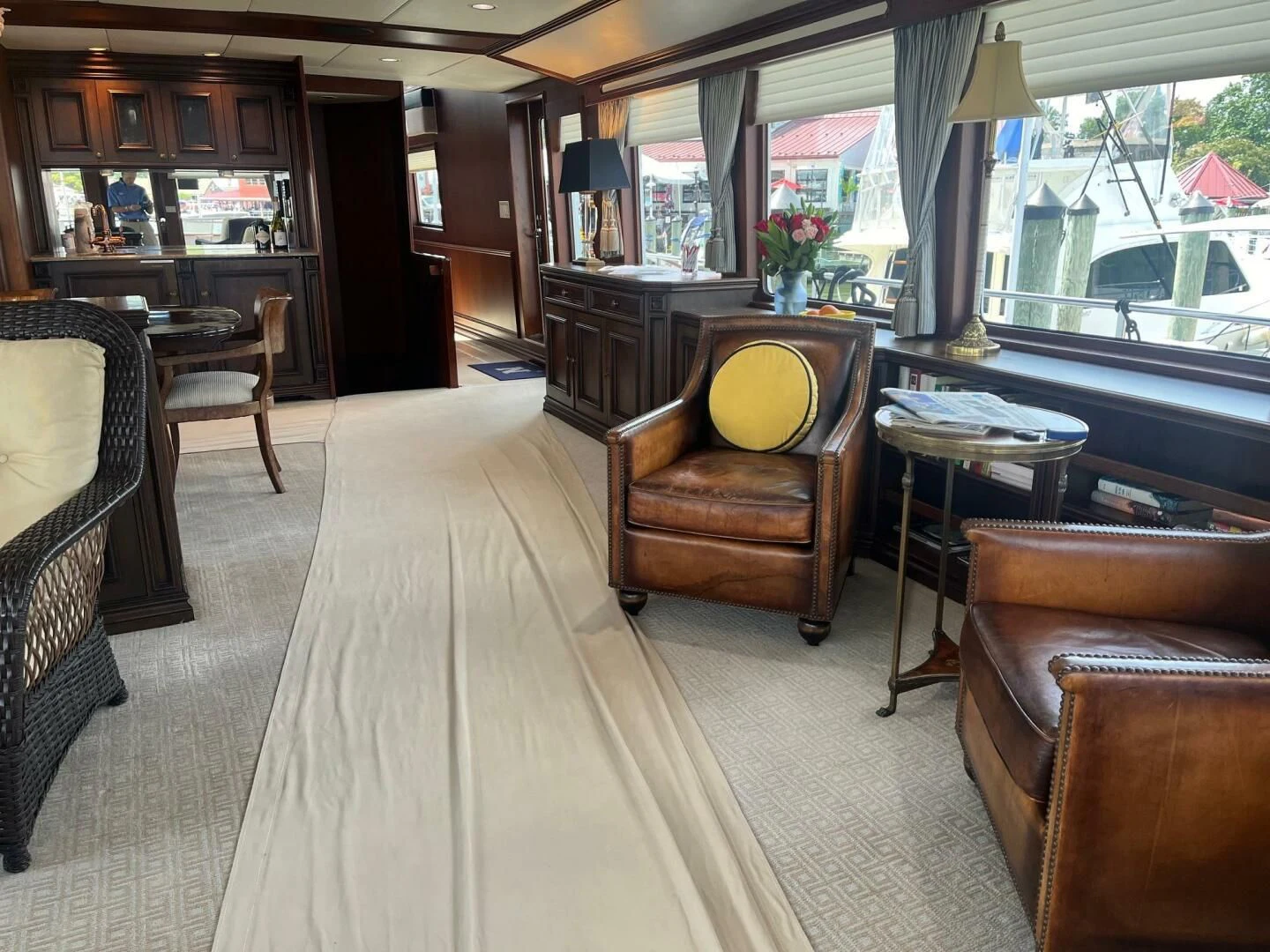 a living room with a large window aboard VICTORY Yacht for Sale