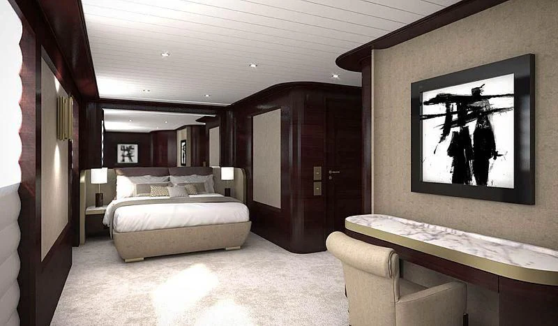 a room with a bed and a mirror aboard GRAND OCEAN Yacht for Sale