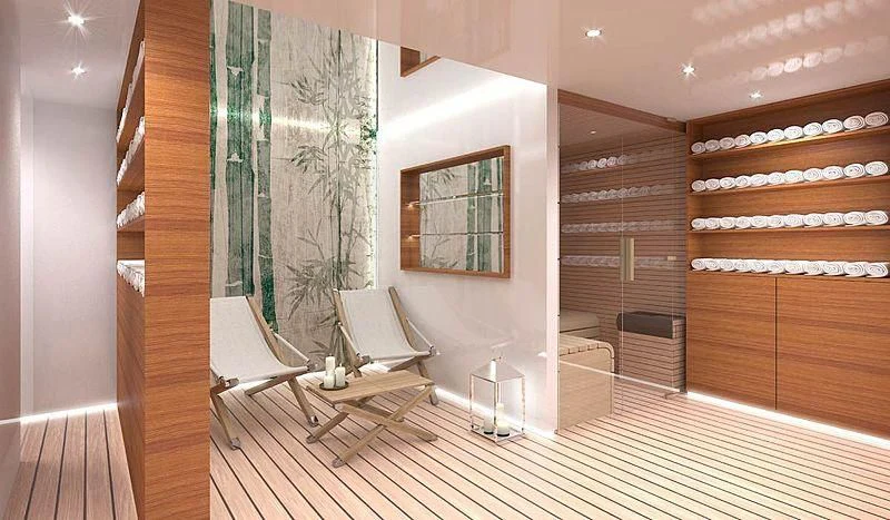 a room with a wood staircase and a window aboard GRAND OCEAN Yacht for Sale