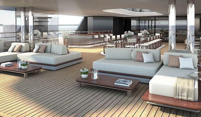 a living room with a large balcony aboard GRAND OCEAN Yacht for Sale