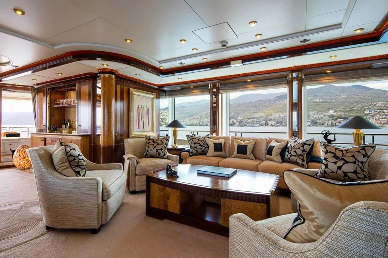 a living room with a large window aboard LUDZIE Yacht for Sale