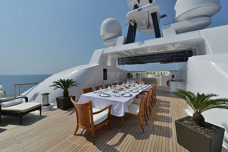 a large white boat on a deck aboard LUDZIE Yacht for Sale