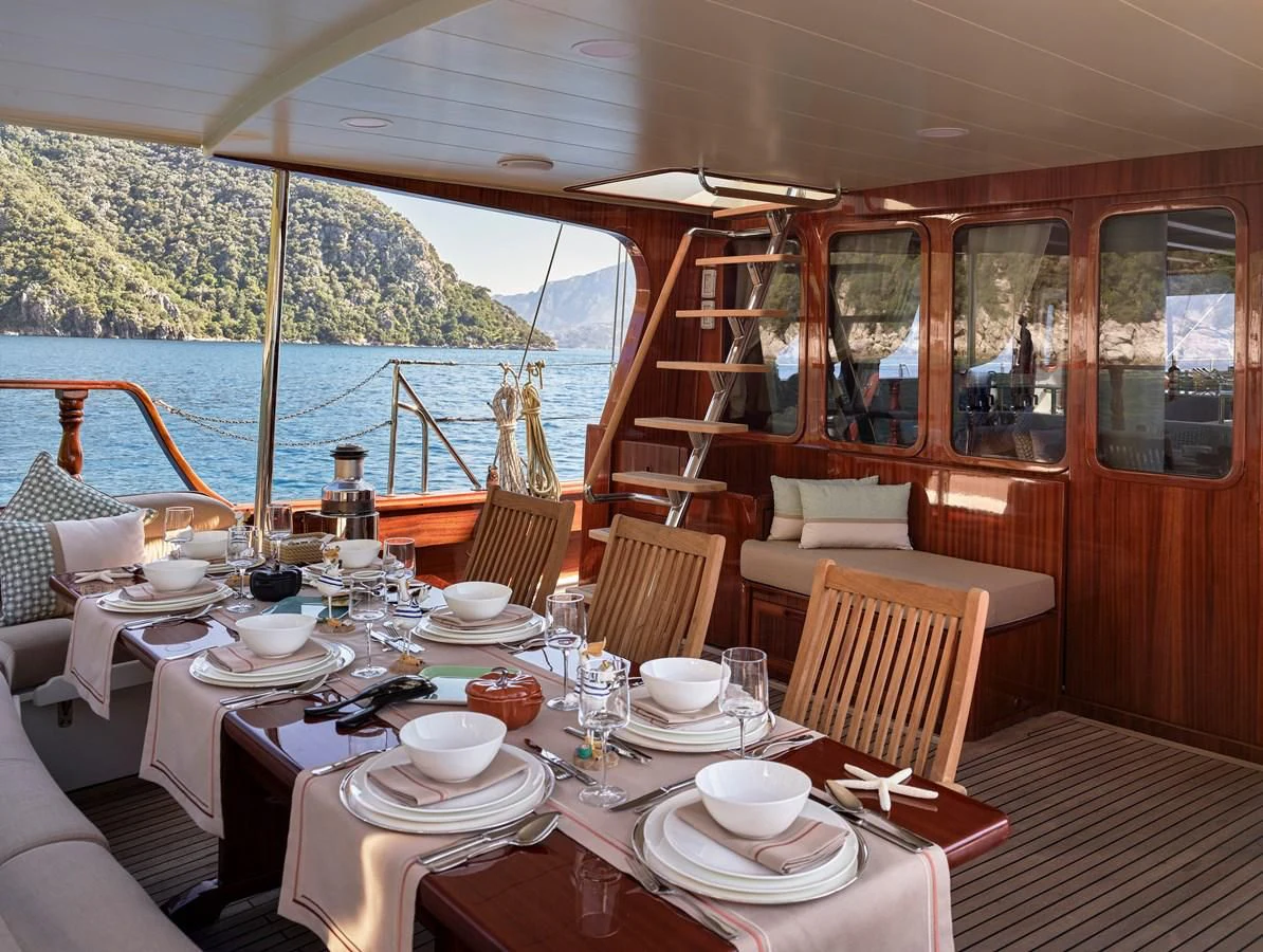 a table with plates and cups on it aboard KAFTAN Yacht for Sale