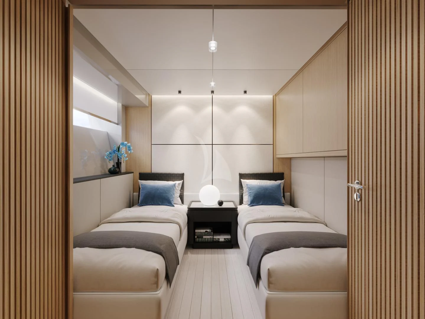a room with a bed and a desk aboard IL SOGNO Yacht for Sale
