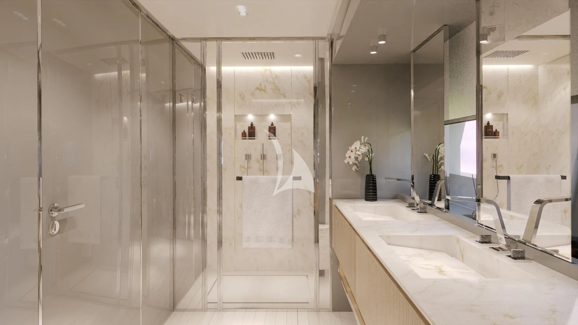 a bathroom with a glass shower aboard IL SOGNO Yacht for Sale