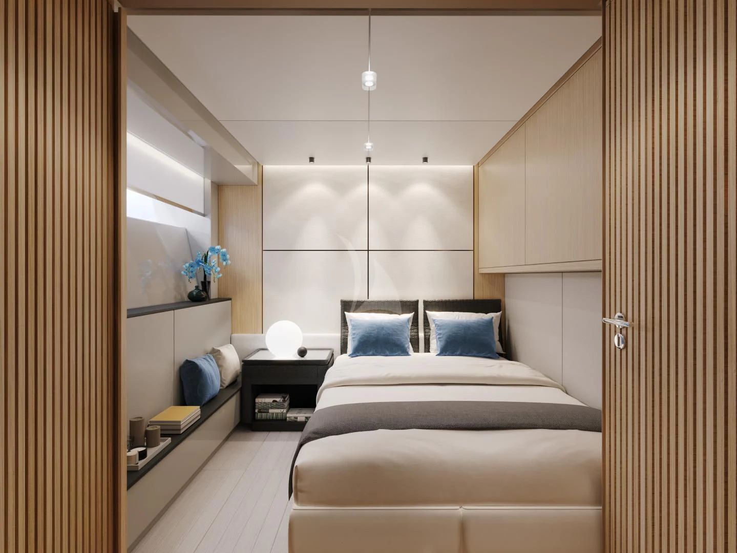 a bedroom with a bed and a desk aboard IL SOGNO Yacht for Sale
