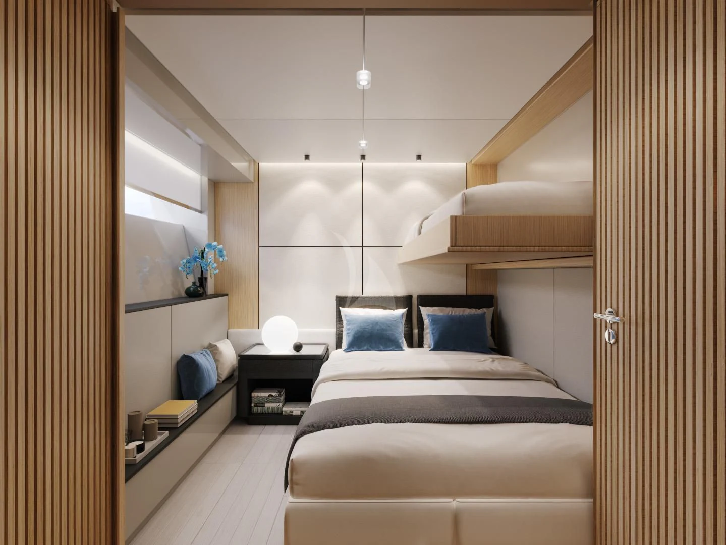 a room with a bed and a desk aboard IL SOGNO Yacht for Sale