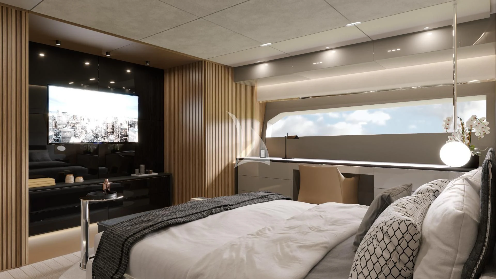 a room with a bed and a desk aboard IL SOGNO Yacht for Sale