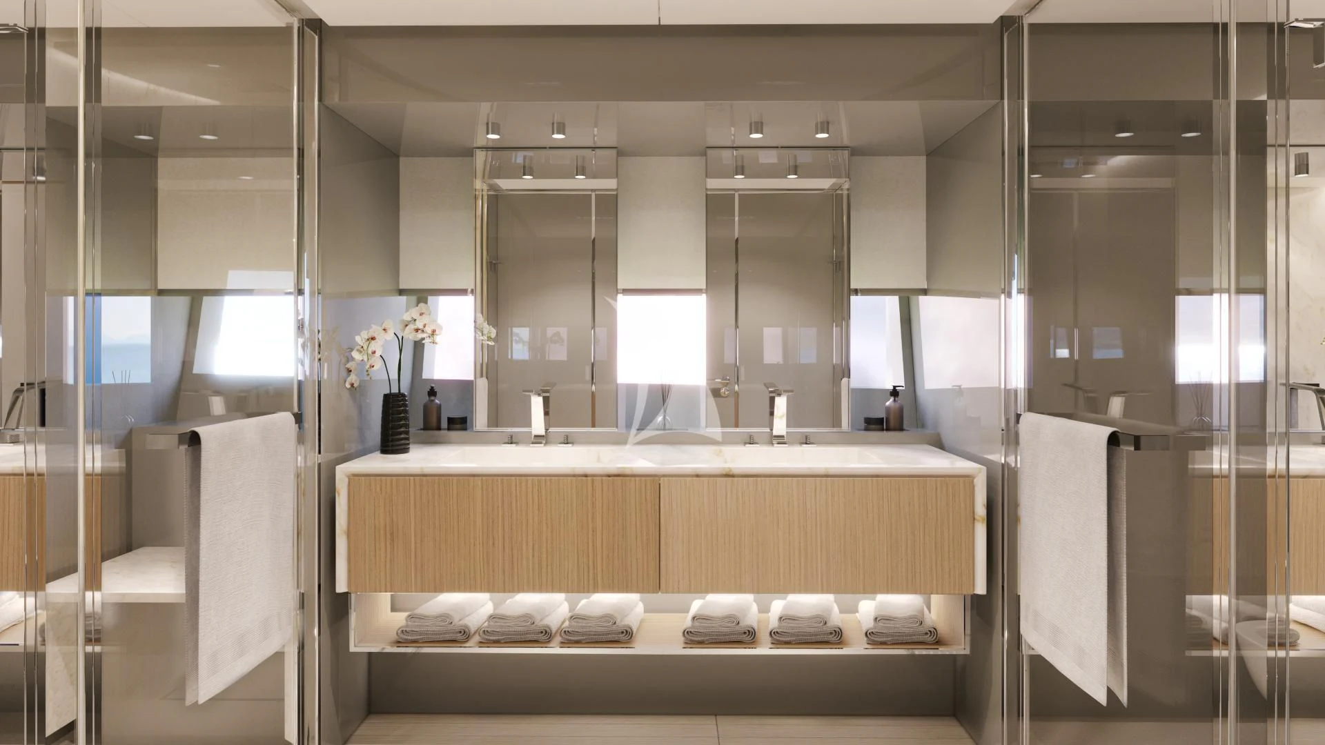 a bathroom with a large mirror aboard IL SOGNO Yacht for Sale