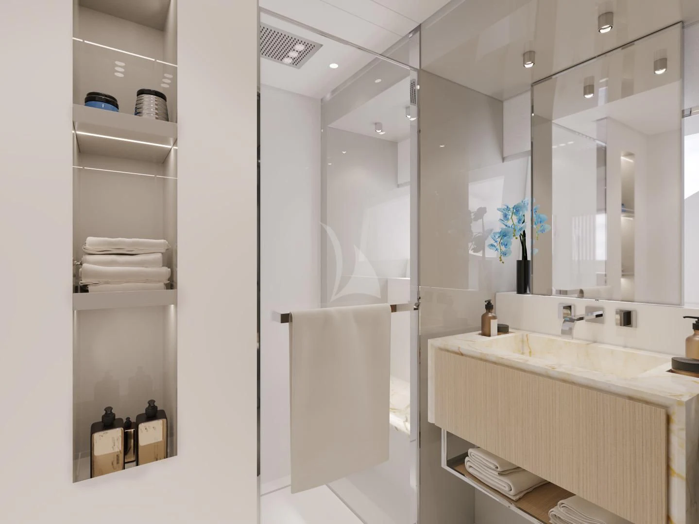 a bathroom with a large mirror aboard IL SOGNO Yacht for Sale