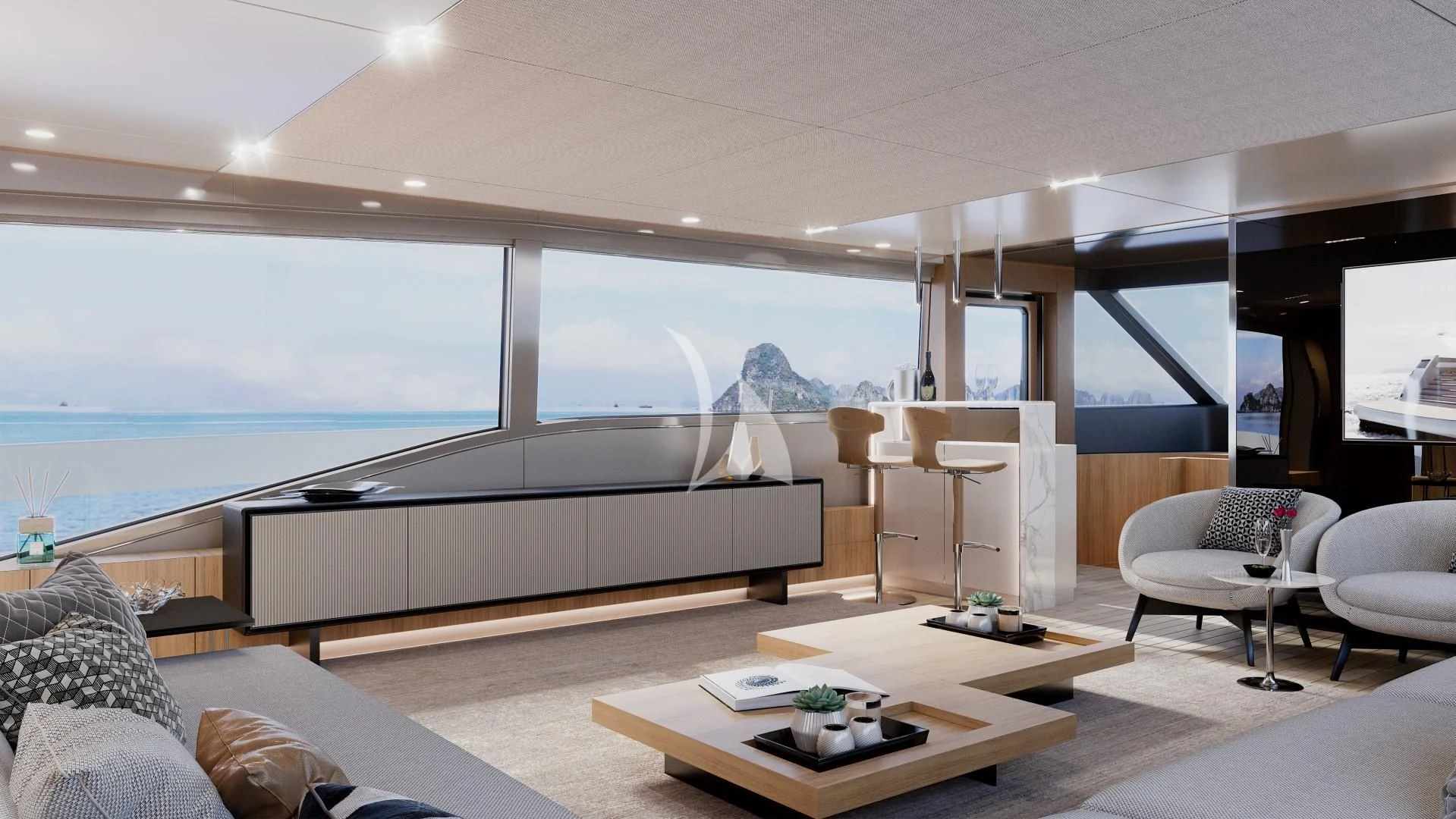 a modern living room with a large window aboard IL SOGNO Yacht for Sale