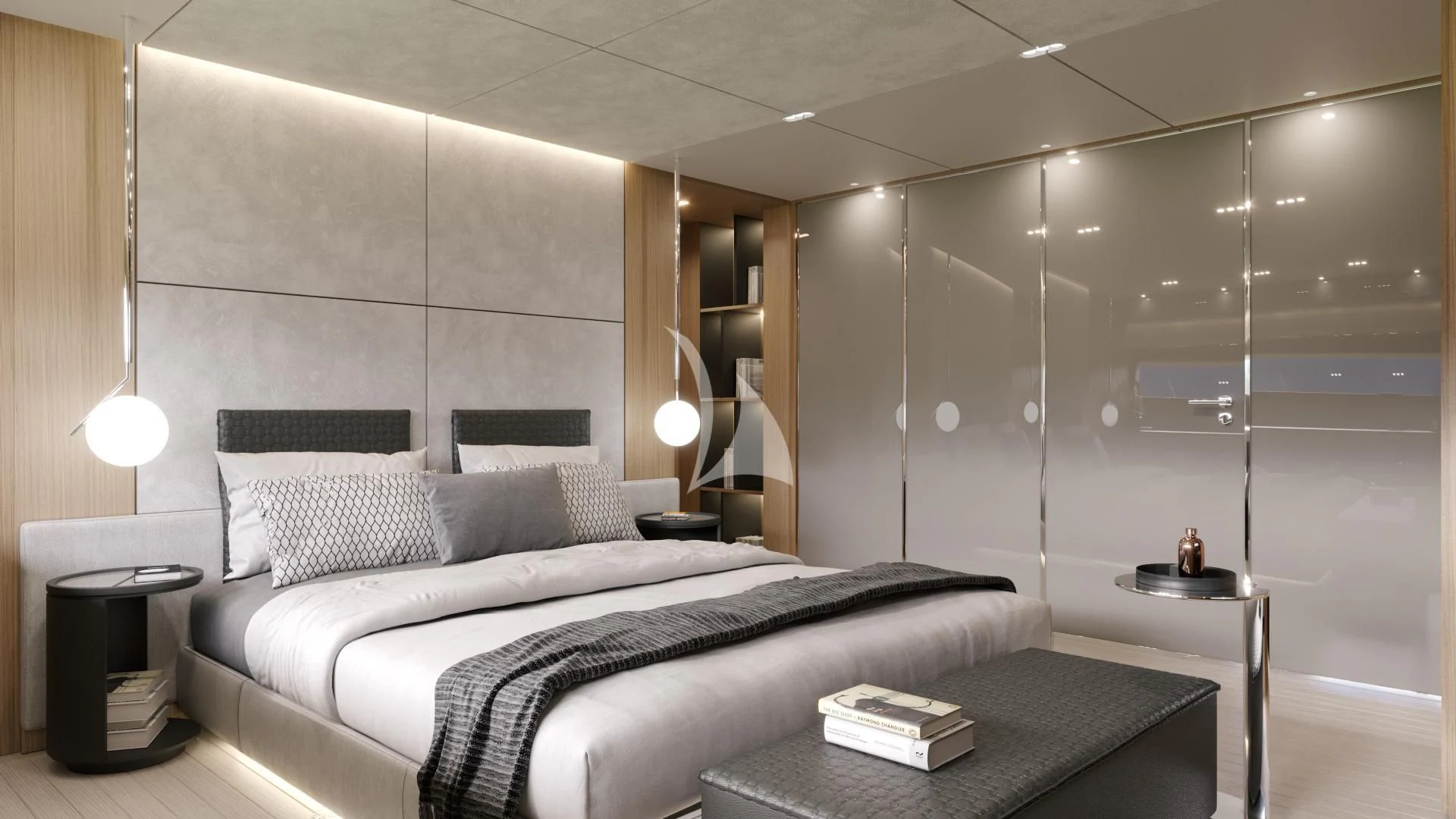 a bed in a room aboard IL SOGNO Yacht for Sale