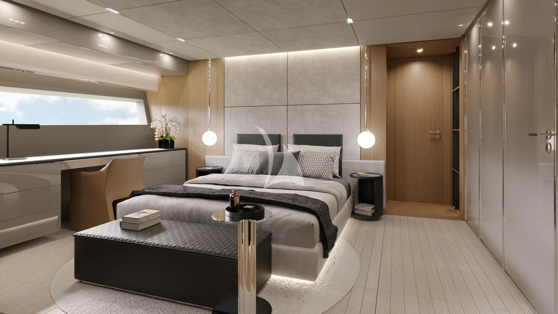 a room with a bed and a table aboard IL SOGNO Yacht for Sale