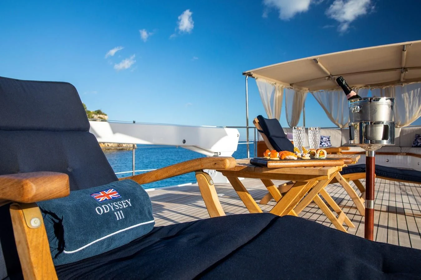 a tent with a grill and a grill on it aboard ODYSSEY III Yacht for Sale