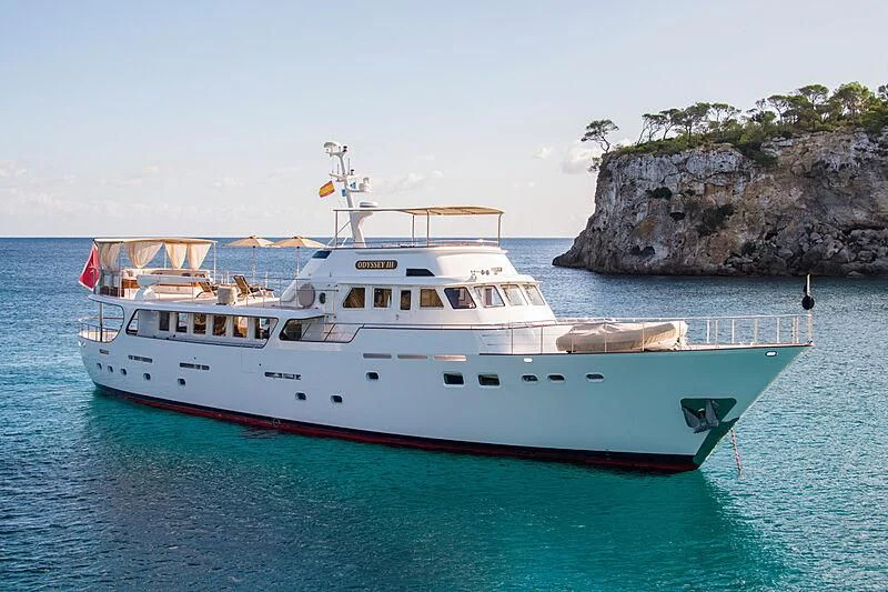 a large white boat on the water aboard ODYSSEY III Yacht for Sale