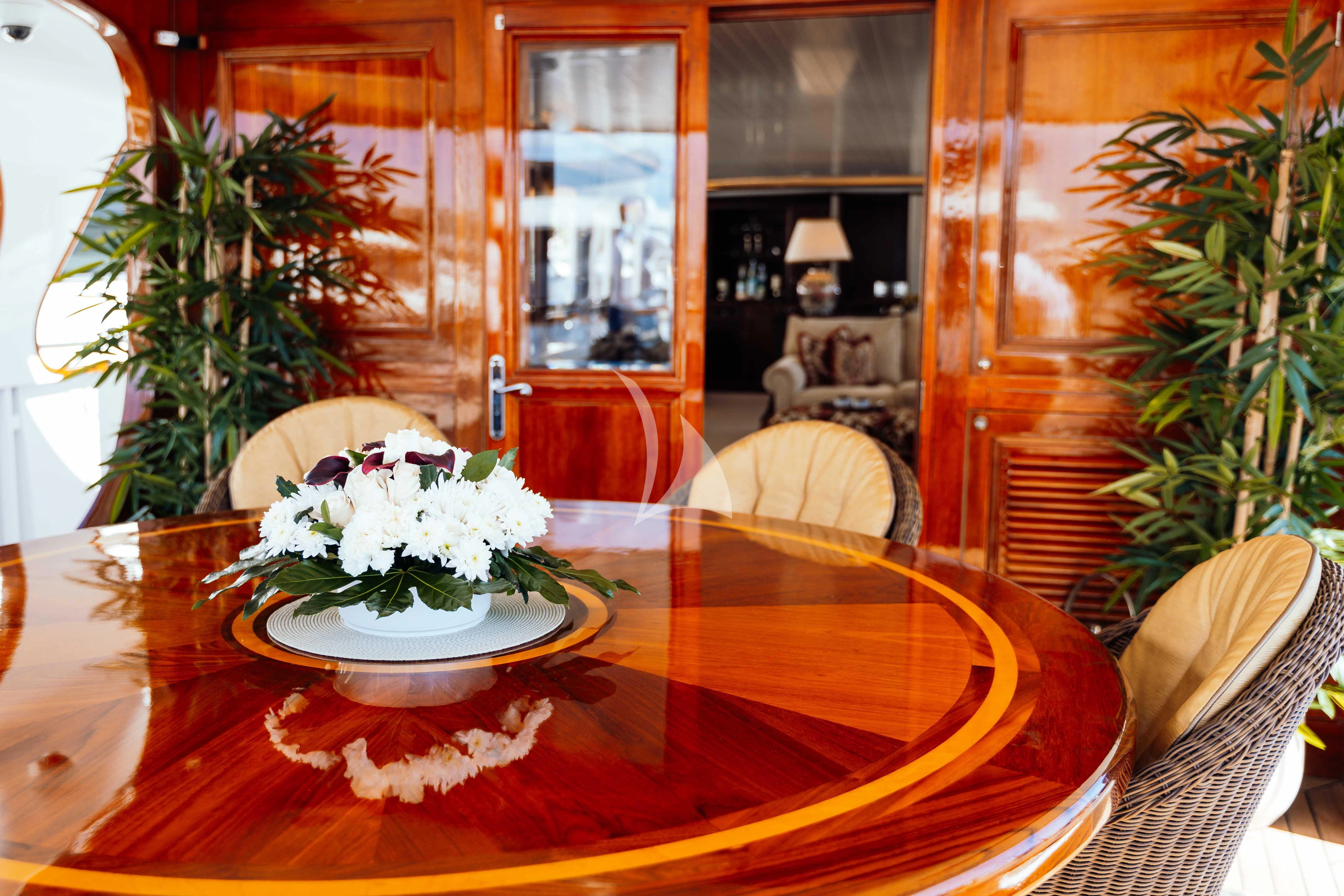 a table with a plate of food on it aboard ODYSSEY III Yacht for Sale