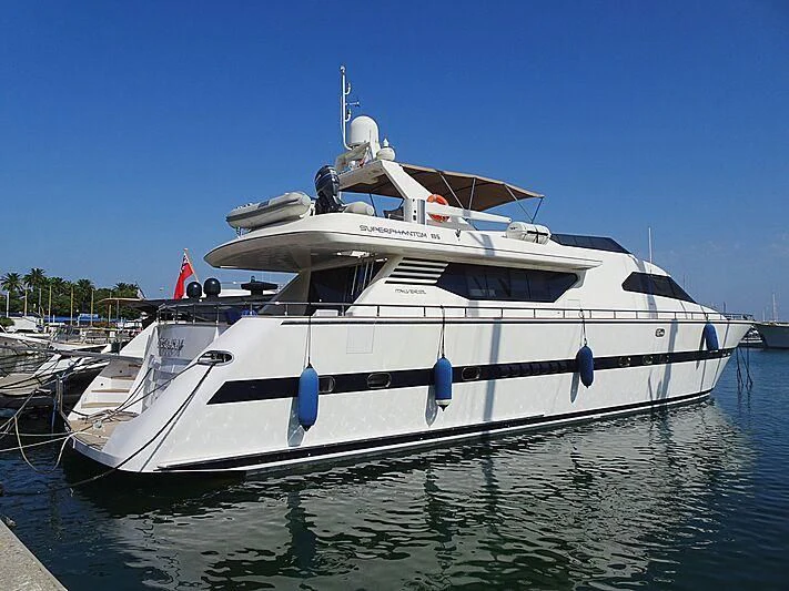 a white boat in a harbor aboard CASCAIS M Yacht for Sale