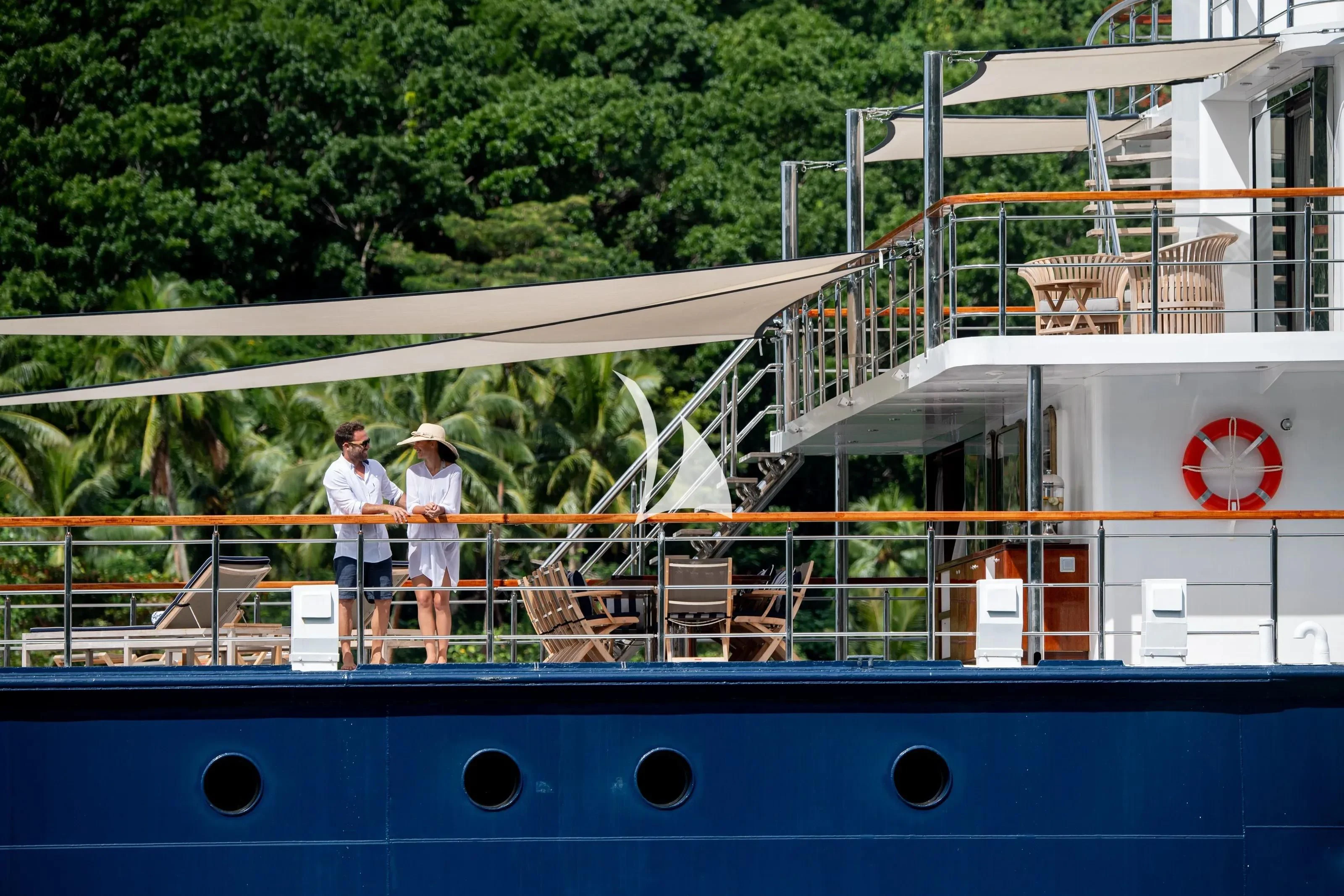 a group of men standing on a deck of a boat aboard LATITUDE Yacht for Sale