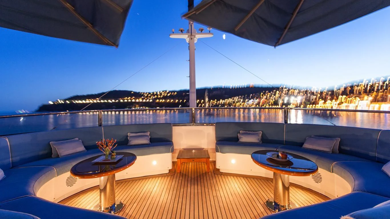a large lounge area with a large pool and a large window aboard DOMANI Yacht for Sale
