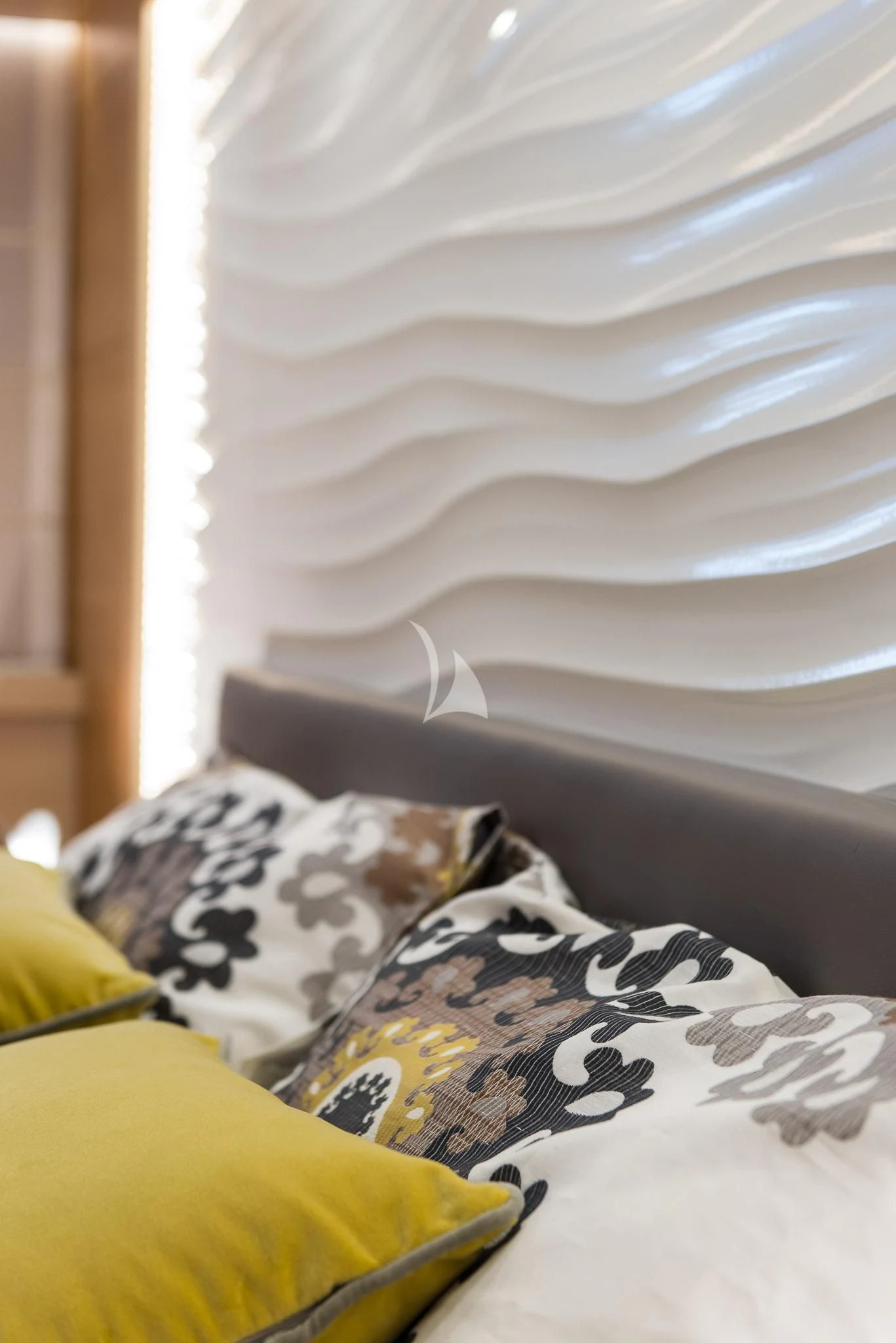 a bed with a white sheet and a pillow aboard MIREDO Yacht for Sale