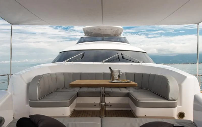 the front of a white yacht aboard MIREDO Yacht for Sale