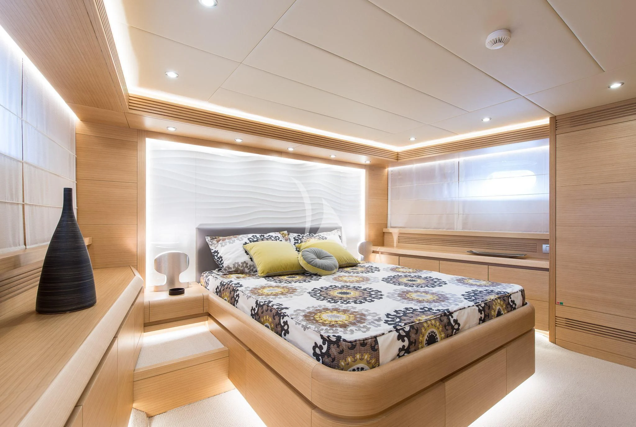 a bed in a room aboard MIREDO Yacht for Sale