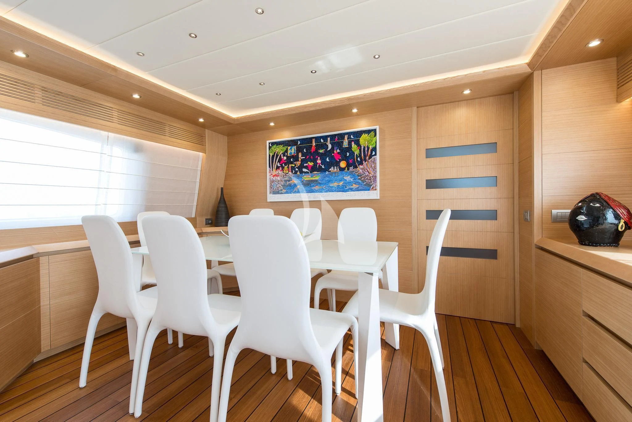 a room with white chairs and a table with white chairs aboard MIREDO Yacht for Sale